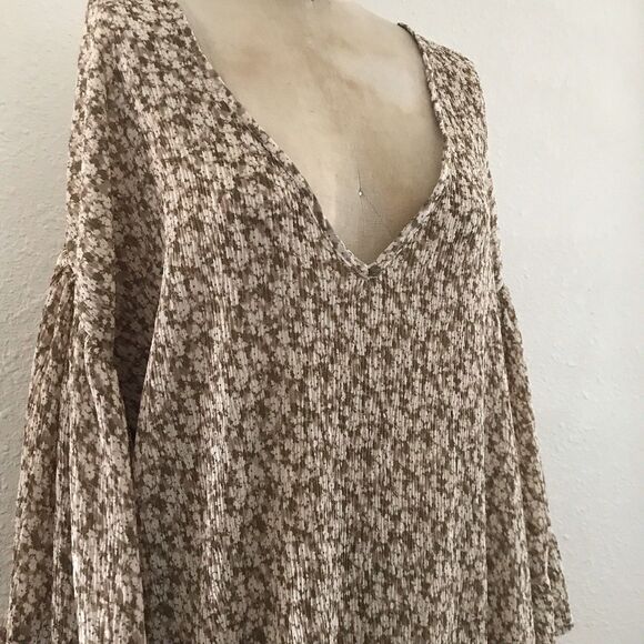 Storia Beige Neutral Tan Floral Chiffon V Neck Oversized Boho Mini Dress - S - Picture 3 of 8